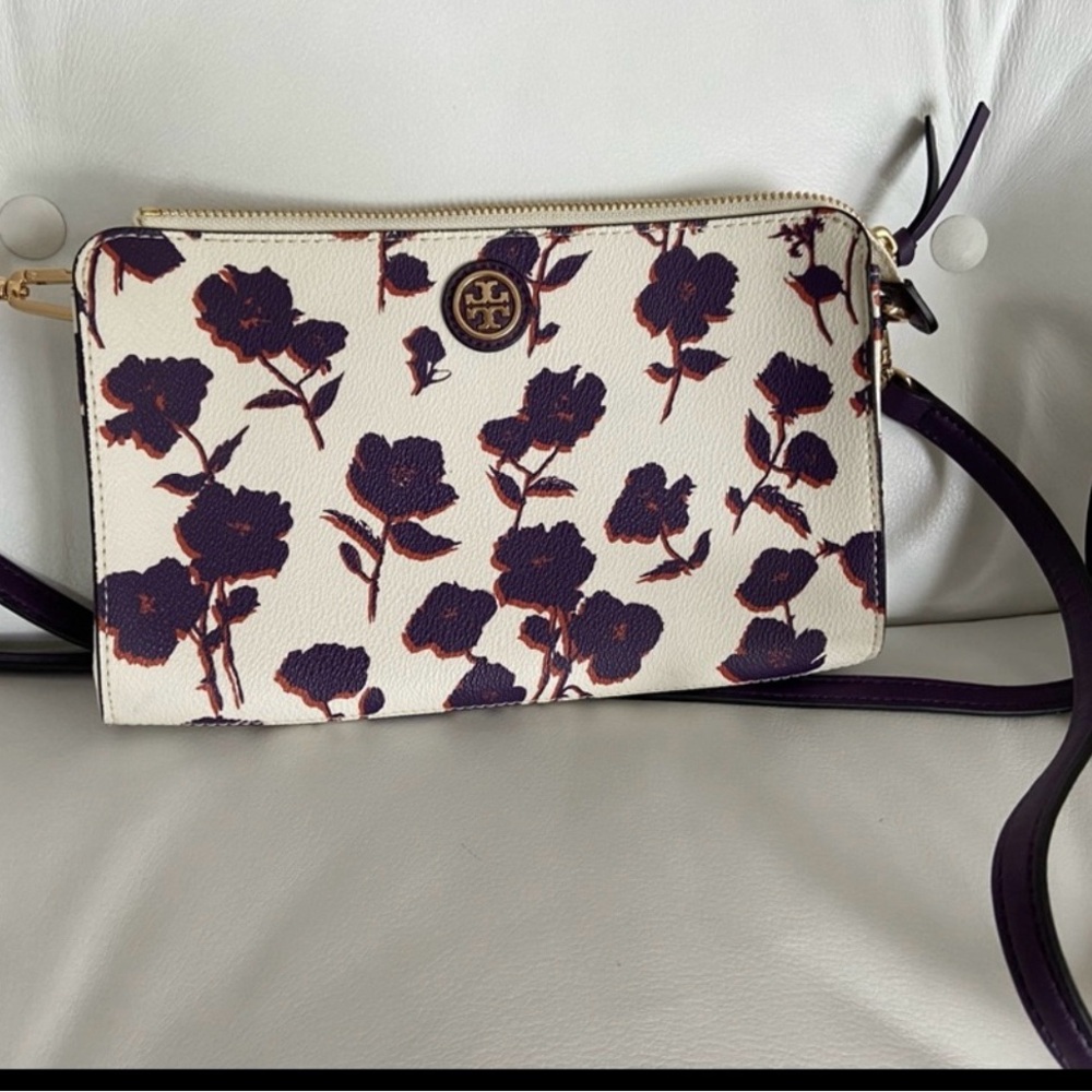 Tory Burch White and Purple Floral Crossbody Bag